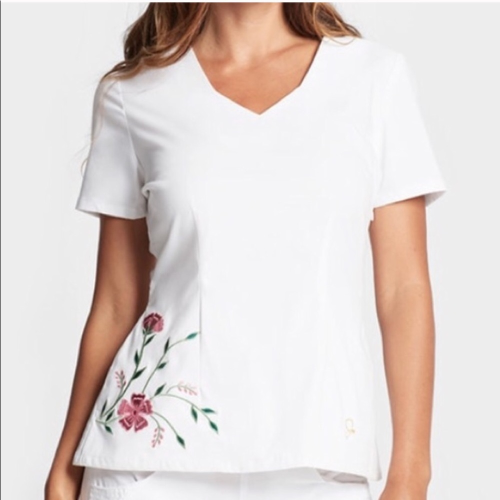 Jaanuu floral flower white scrub embroidered